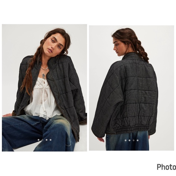 Free‎ People Doman Quilted Textured Jacket Black Carbon Size Small